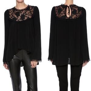 For Love & Lemons Ellery Long Sleeve Lace Top Black High Low Hem Extra Small